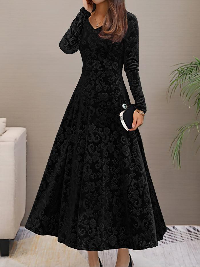 Allegra K Elegant Vintage Velvet Floral V Neck Long Sleeves Maxi Dress