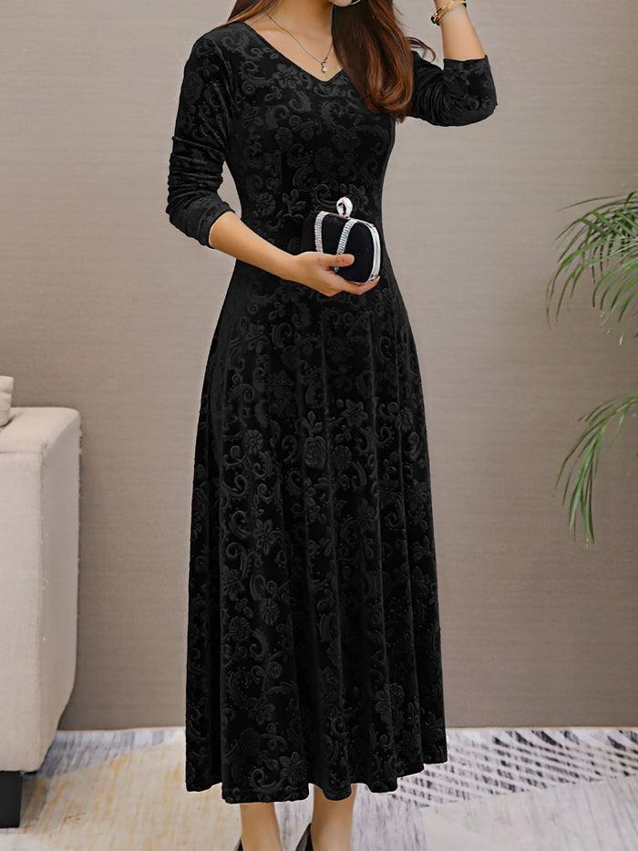 Allegra K Elegant Vintage Velvet Floral V Neck Long Sleeves Maxi Dress