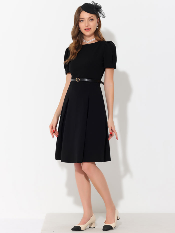 Allegra K Elegant Work Belted Boat Neck Short Puff Sleeve Dress