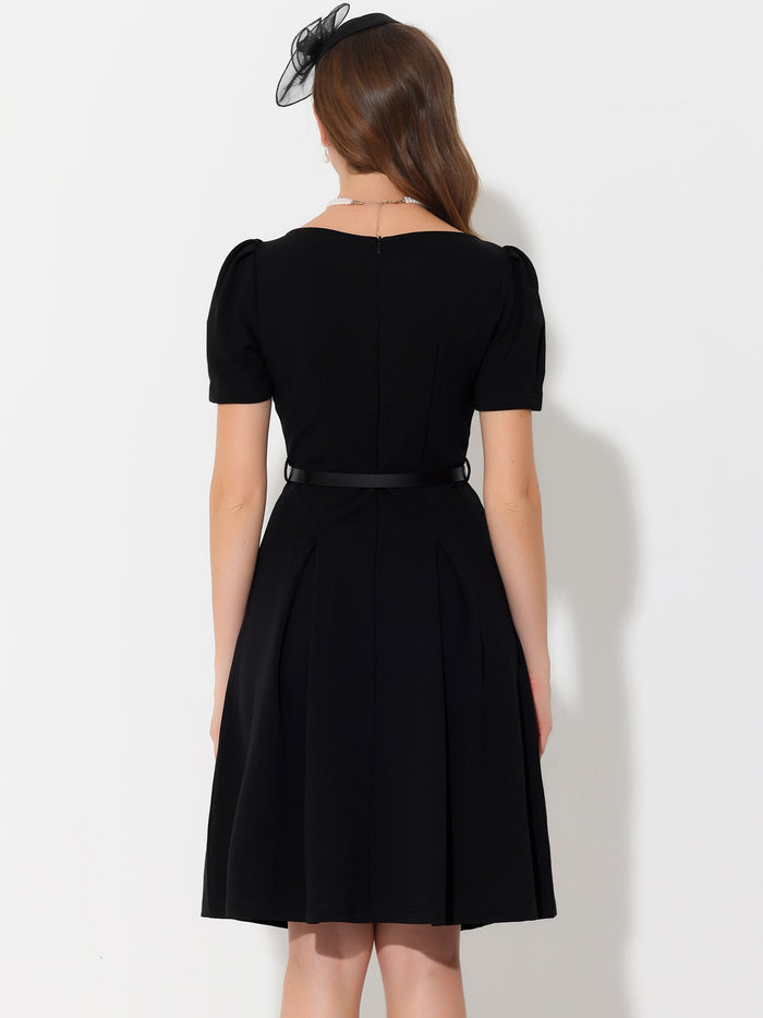 Allegra K Elegant Work Belted Boat Neck Short Puff Sleeve Dress