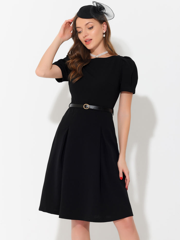 allegra k Elegant Work Belted Boat Neck Short Puff Sleeve Dress