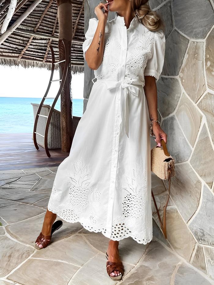 Allegra K Eyelet Short Sleeve Button Down Resort Dress