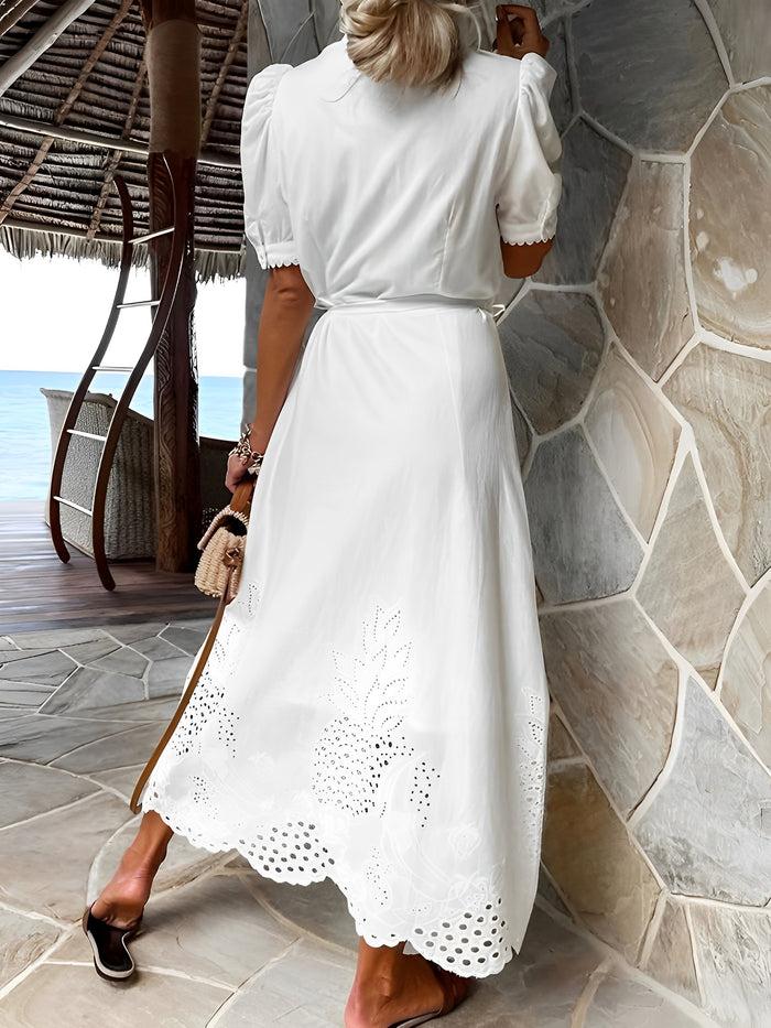 Allegra K Eyelet Short Sleeve Button Down Resort Dress