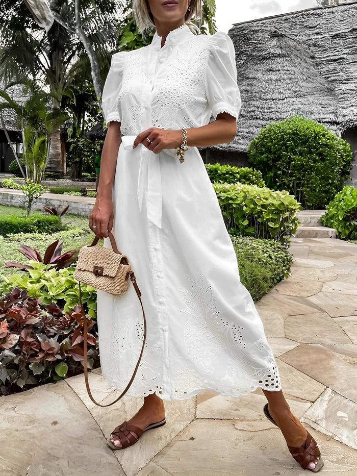 allegra k Eyelet Short Sleeve Button Down Resort Dress