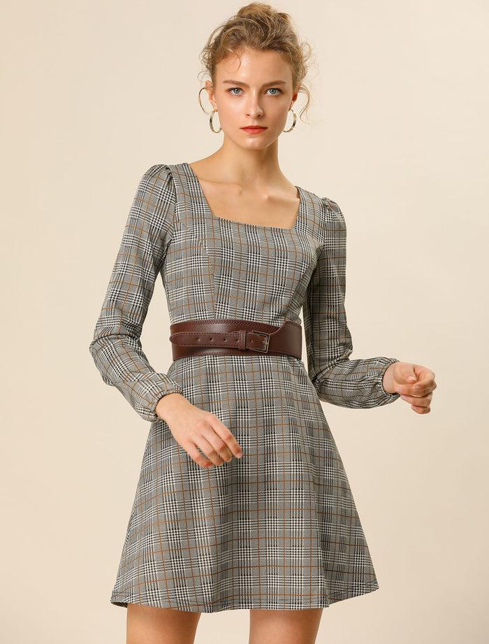 Allegra K Fall Vintage Square Neck Long Sleeve Plaid Dress