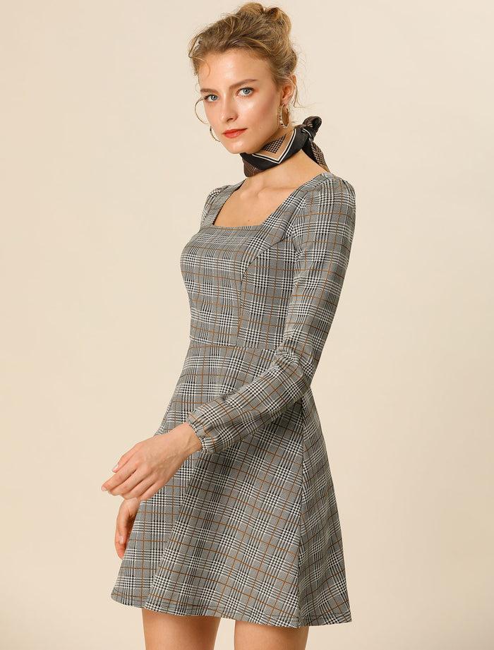 Allegra K Fall Vintage Square Neck Long Sleeve Plaid Dress