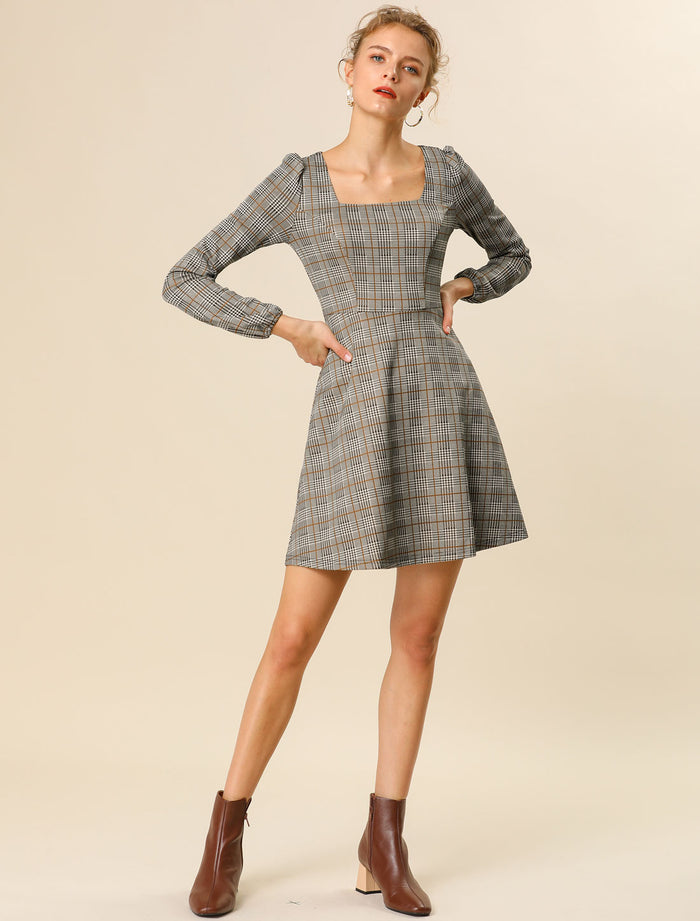 Allegra K Fall Vintage Square Neck Long Sleeve Plaid Dress