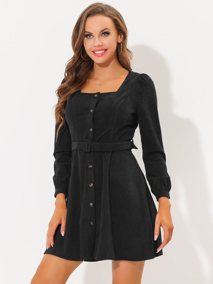 allegra k Fall Winter Square Neck Long Sleeve Button Down Corduroy Dress