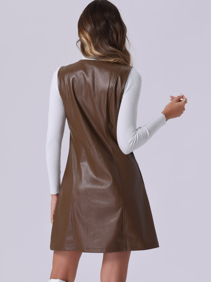 Allegra K Faux Leather Button Down V Neck Sleeveless Mini Overall Pinafore Dress