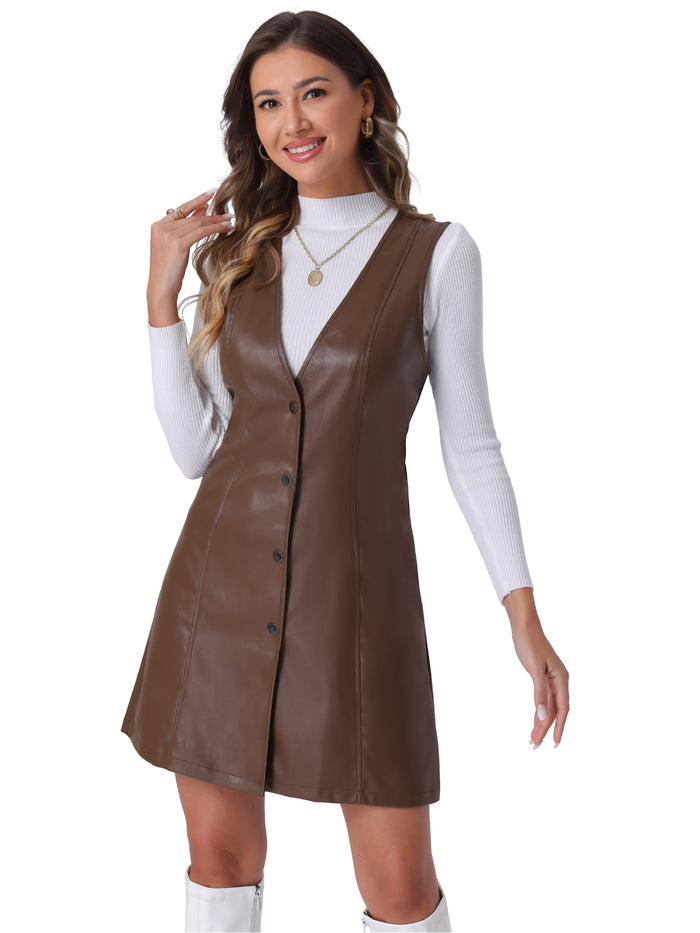 Allegra K Faux Leather Button Down V Neck Sleeveless Mini Overall Pinafore Dress