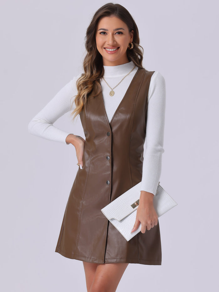 allegra k Faux Leather Button Down V Neck Sleeveless Mini Overall Pinafore Dress