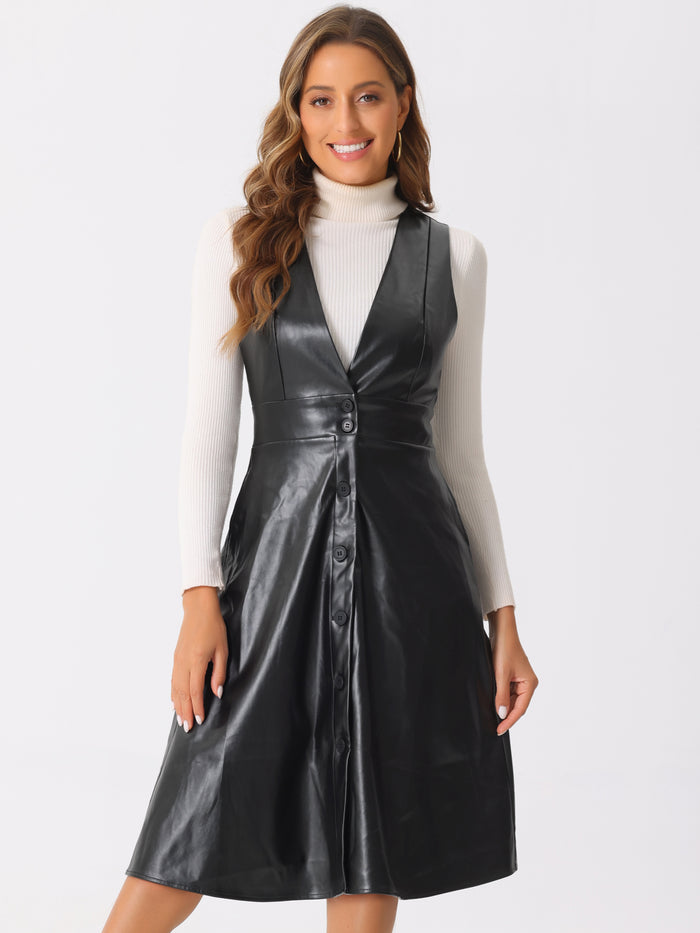 allegra k Faux Leather V Neck Sleeveless Button Down Midi Dress
