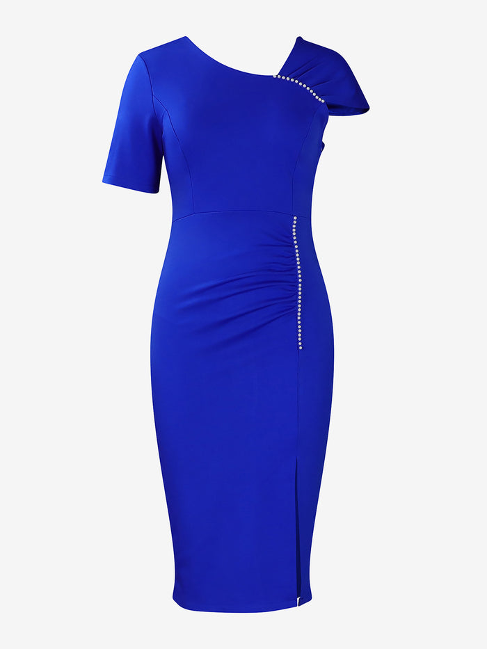 Allegra K Faux Pearl Decor Ruched Slit Midi Sheath Dress