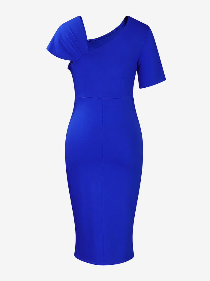 Allegra K Faux Pearl Decor Ruched Slit Midi Sheath Dress