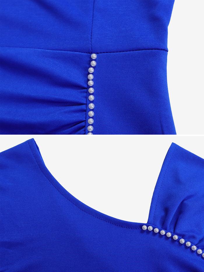 Allegra K Faux Pearl Decor Ruched Slit Midi Sheath Dress