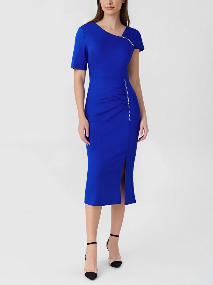 allegra k Faux Pearl Decor Ruched Slit Midi Sheath Dress