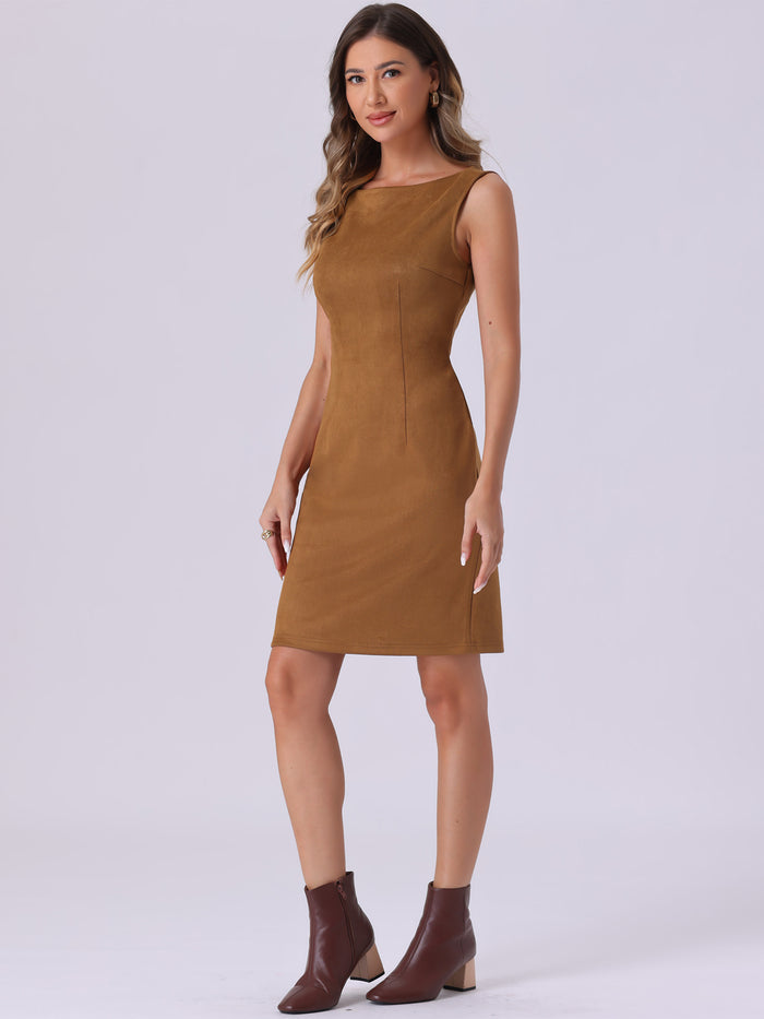 Allegra K Faux Suede Boat Neck Sleeveless Sheath Midi Dress