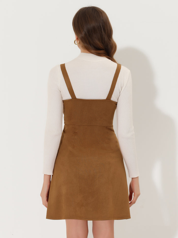 Allegra K Faux Suede Button Above Knee A-Line Pinafore Overall Dress