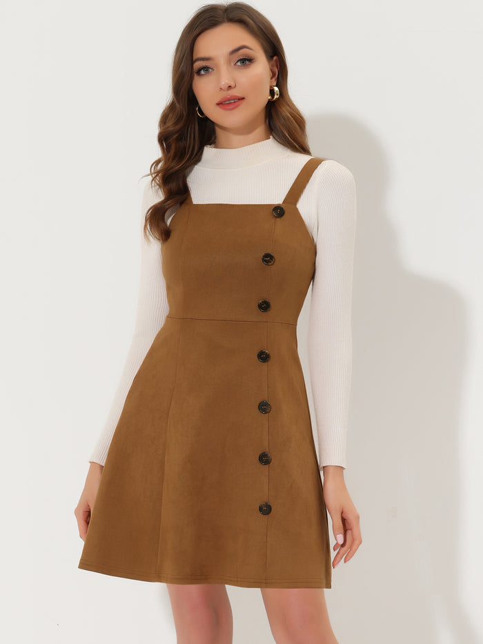 Allegra K Faux Suede Button Above Knee A-Line Pinafore Overall Dress