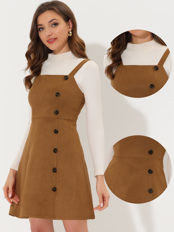 allegra k Faux Suede Button Above Knee A-Line Pinafore Overall Dress