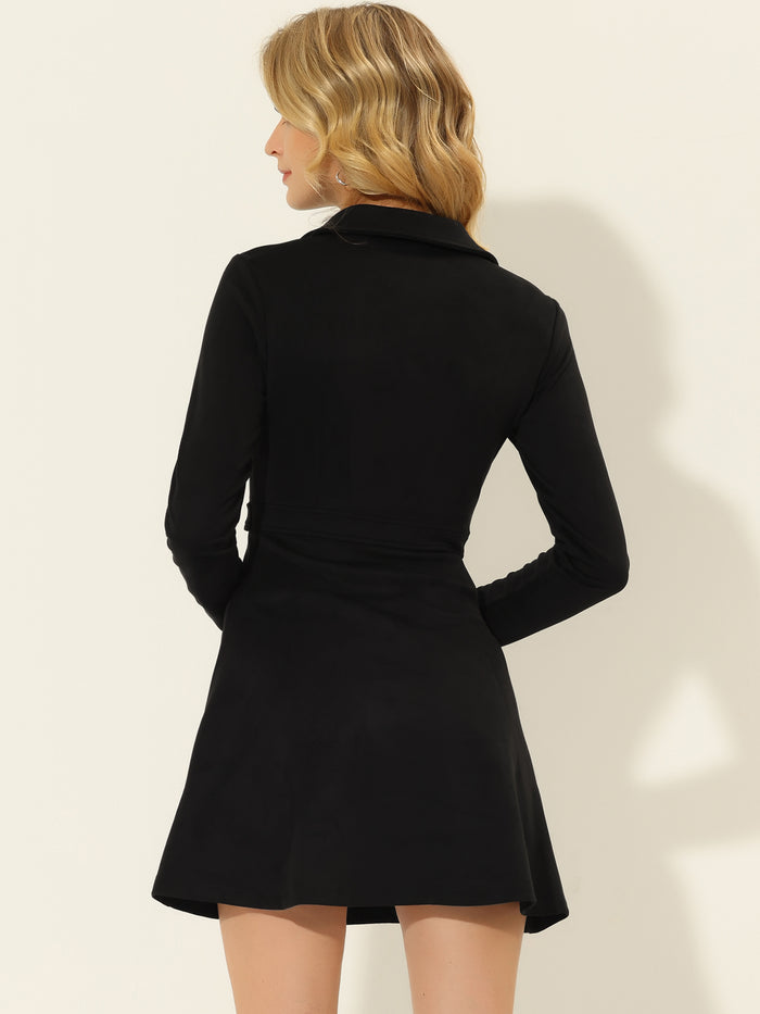 Allegra K Faux Suede Lapel Collar Zip Up Long Sleeve A Line Mini Dress