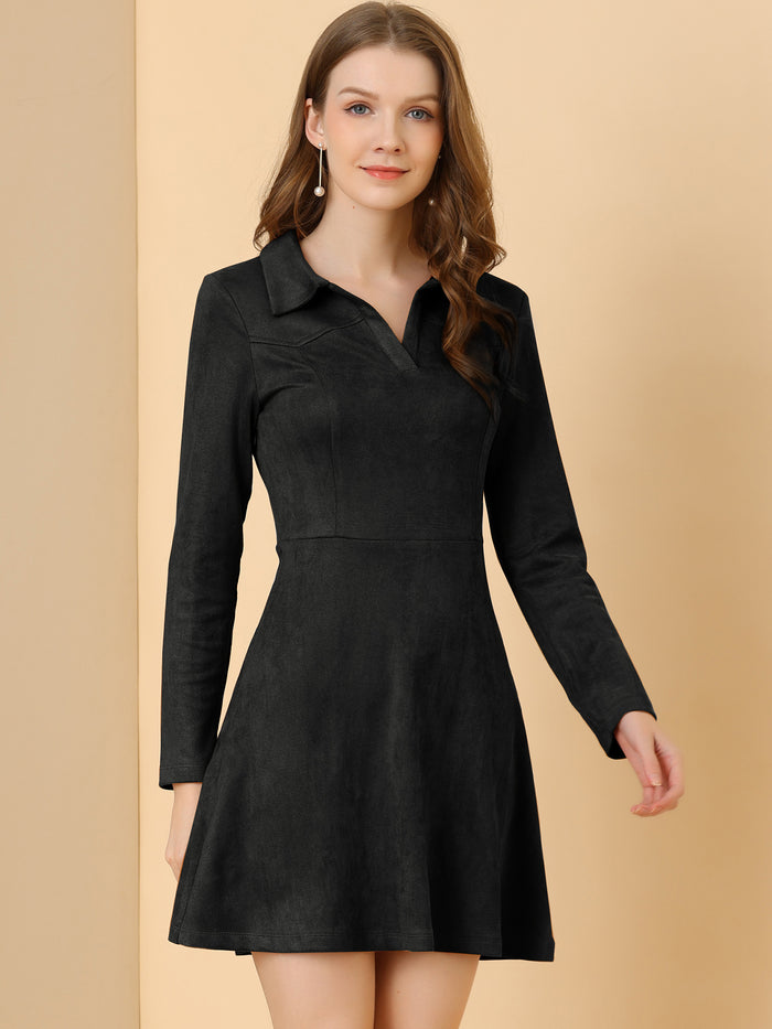Allegra K Faux Suede Lapel Neck Valentine's Day Long Sleeve A-Line Dress