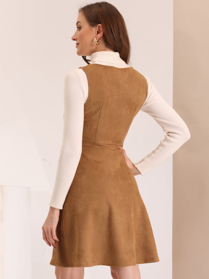 Allegra K Faux Suede Overall Round Neck Sleeveless A-Line Pleated Dress