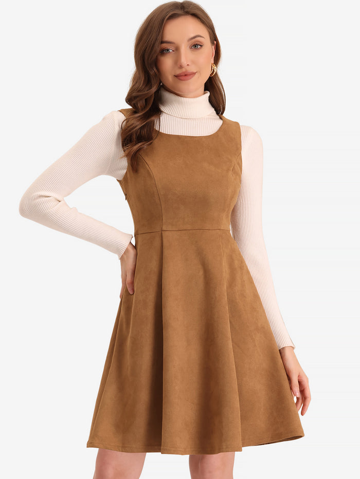 Allegra K Faux Suede Overall Round Neck Sleeveless A-Line Pleated Dress