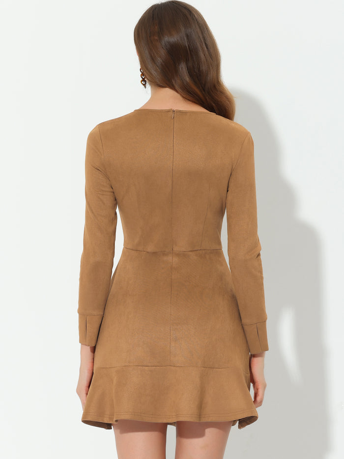 Allegra K Faux Suede Round Neck Long Sleeve Ruffle Hem Party Mini Dress