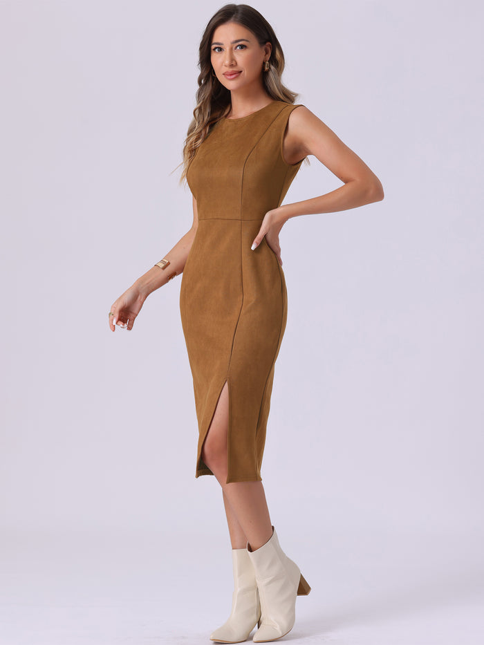 Allegra K Faux Suede Sleeveless Crew Neck Slit Sheath Midi Dress