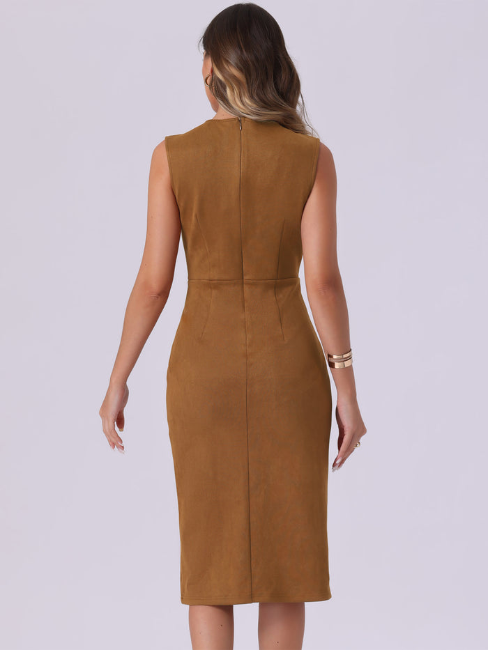 Allegra K Faux Suede Sleeveless Crew Neck Slit Sheath Midi Dress