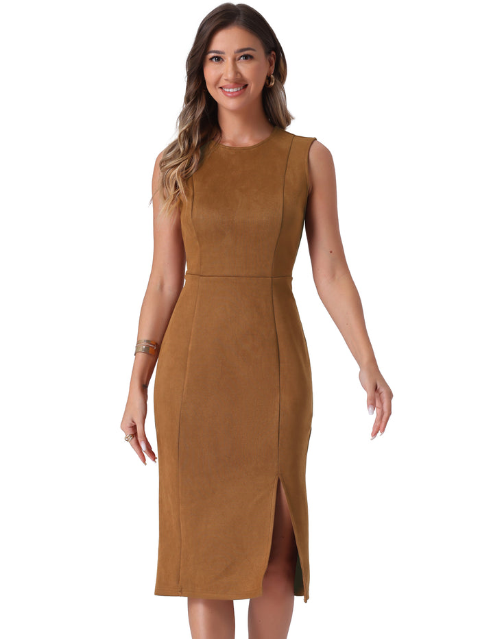 Allegra K Faux Suede Sleeveless Crew Neck Slit Sheath Midi Dress