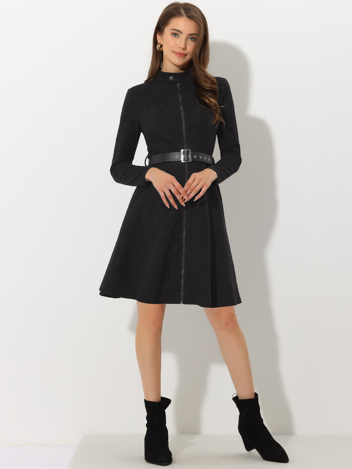 Allegra K Faux Suede Stand Collar Zip Up Belted Vintage Dress