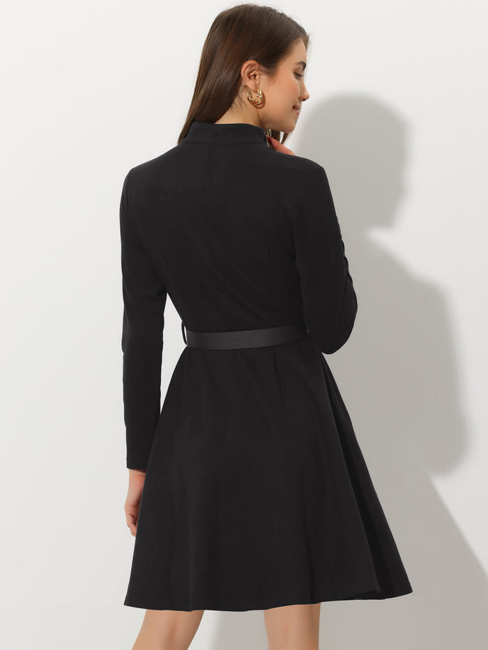 Allegra K Faux Suede Stand Collar Zip Up Belted Vintage Dress