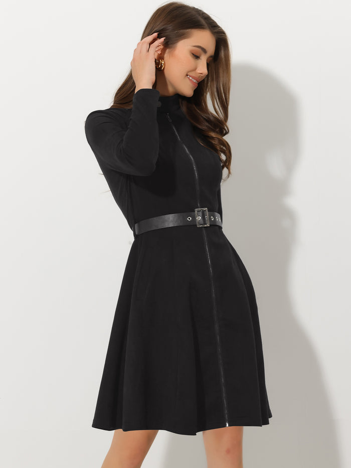 allegra k Faux Suede Stand Collar Zip Up Belted Vintage Dress
