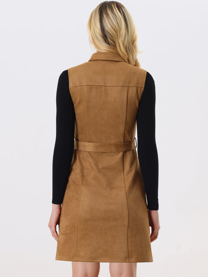 Allegra K Faux Suede Turn Down Collar Tie Waist Sleeveless Button Mini Dress