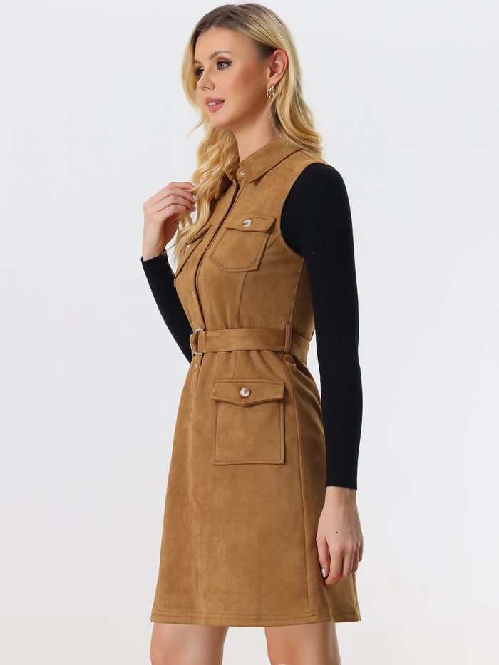 Allegra K Faux Suede Turn Down Collar Tie Waist Sleeveless Button Mini Dress