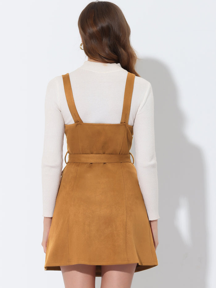 Allegra K Faux Suede V Neck Button Down Belted Pinafore Overall Dress