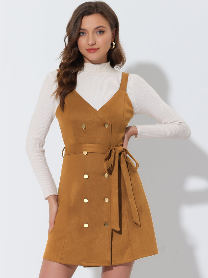 allegra k Faux Suede V Neck Button Down Belted Pinafore Overall Dress
