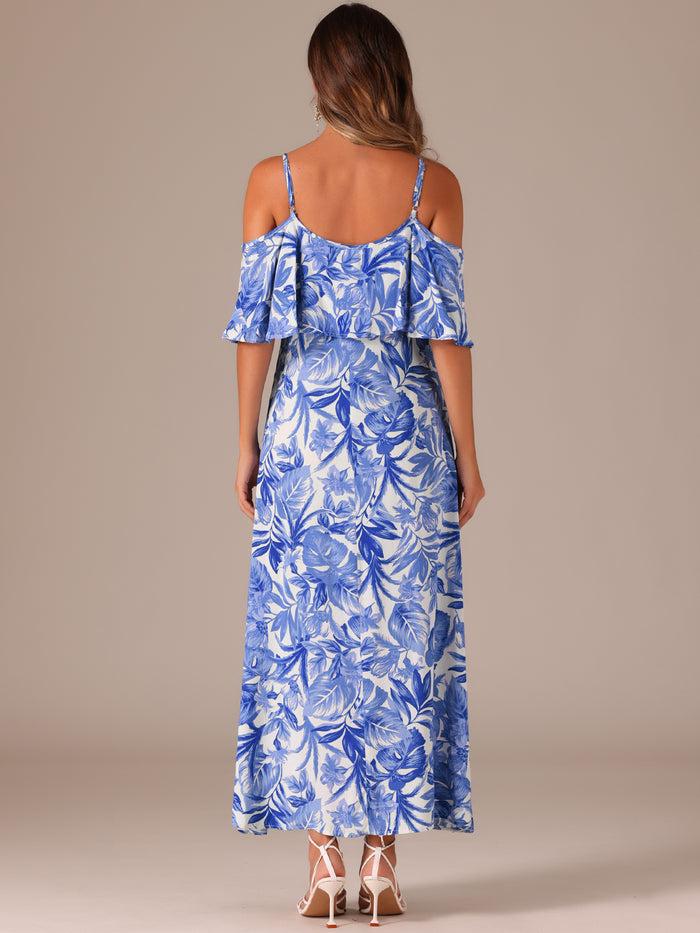Allegra K Flare Sleeve Cold Shoulder Tropical Plant Print Vacation Maxi Dress