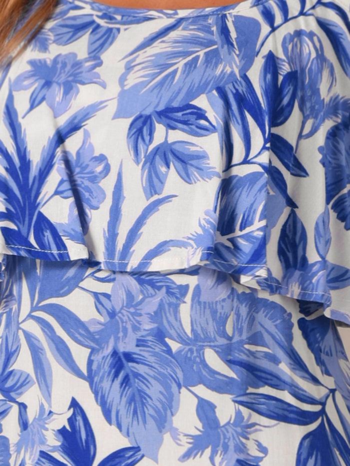 Allegra K Flare Sleeve Cold Shoulder Tropical Plant Print Vacation Maxi Dress