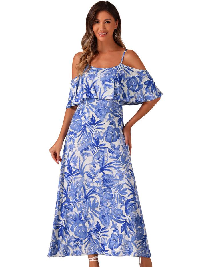 Allegra K Flare Sleeve Cold Shoulder Tropical Plant Print Vacation Maxi Dress