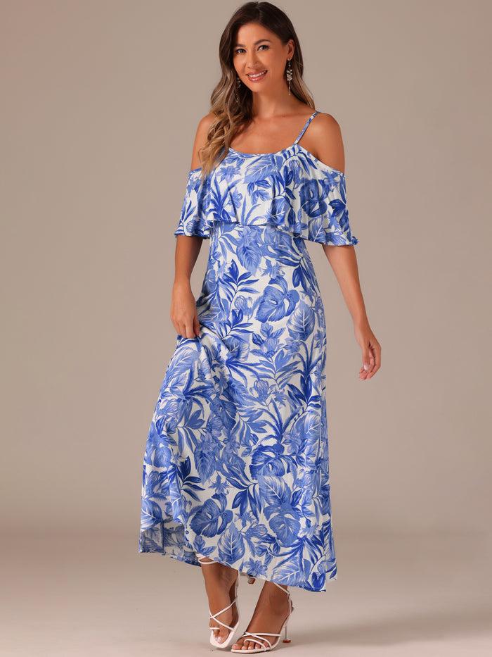 allegra k Flare Sleeve Cold Shoulder Tropical Plant Print Vacation Maxi Dress