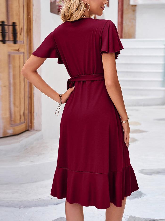 Allegra K Flare Sleeves Lace-Up Ruffled Midi Wrap Dress