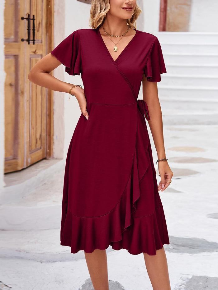 Allegra K Flare Sleeves Lace-Up Ruffled Midi Wrap Dress