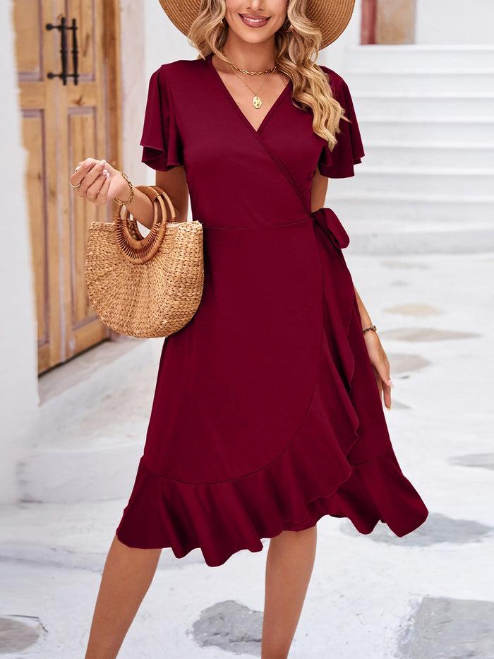 allegra k Flare Sleeves Lace-Up Ruffled Midi Wrap Dress