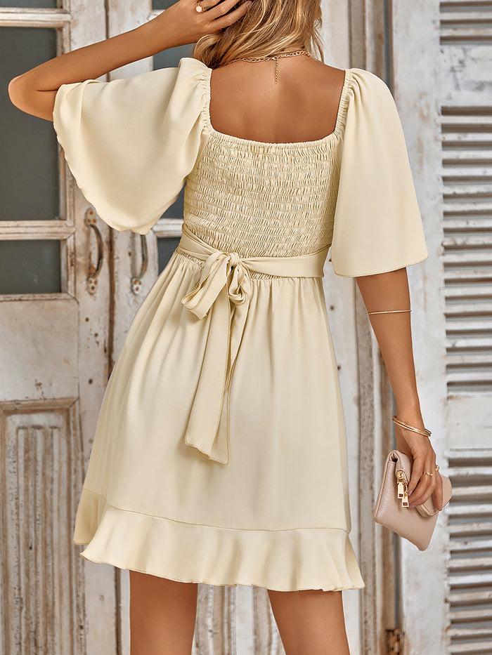 Allegra K Flare Sleeves Smocked Lace-Up Ruffled Mini Dress