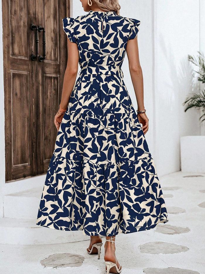 Allegra K Flattering A-Line Ruffled Cap Sleeves Belted Floral Tiered For Garden Parties & Brunch Dates Maxi Dress