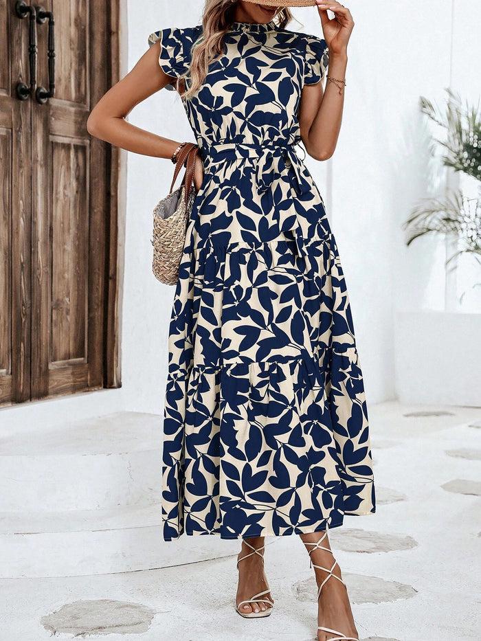 Allegra K Flattering A-Line Ruffled Cap Sleeves Belted Floral Tiered For Garden Parties & Brunch Dates Maxi Dress