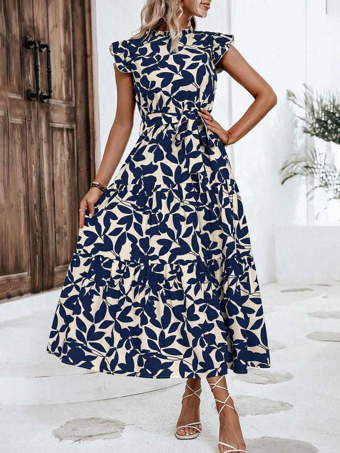 Allegra K Flattering A-Line Ruffled Cap Sleeves Belted Floral Tiered For Garden Parties & Brunch Dates Maxi Dress